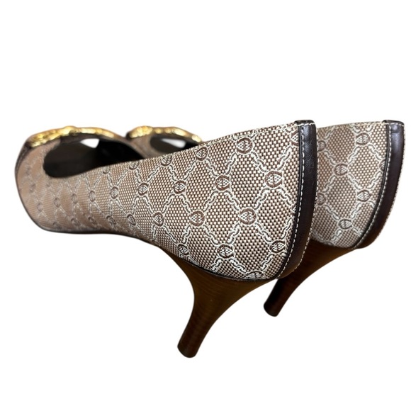 Etienne Aignar Brown and Tan Peep-Toe Buckle Accent Heels - Picture 6 of 9